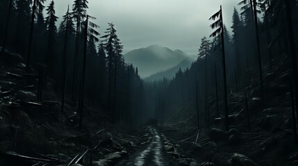 Gloomy Forest Path Leading to Mysterious Mountains under Overcast Sky in Ominous Landscape