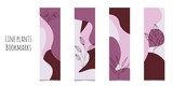 Fototapeta  - Set of 4 bookmarks with pink colors waves and decorative plants elements. Elegant colors. Line botanical illustration. Rectangular bookmark templates for reading. Isolated on white background.	