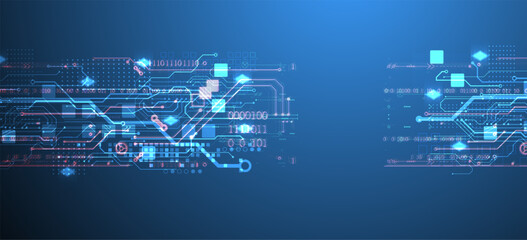Poster - Abstract circuit board on gradient color background. Hand drawn digital technology concept. Vector