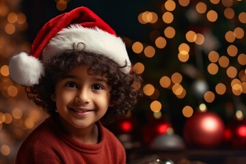 A indian boy in a Santa hat against the background of a Christmas tree and Christmas lights