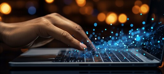 Digital Connectivity and Data Flow Concept with Hand Typing on Laptop Illuminated by Network Graphics
