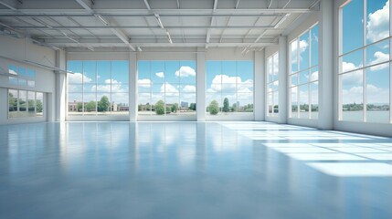 Wall Mural - Spacious Modern Industrial Loft with Large Windows and Blue Reflective Epoxy Flooring Overlooking Urban Landscape