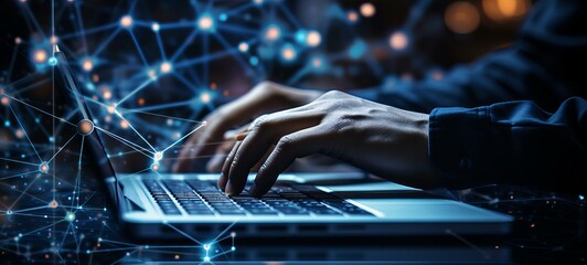 Futuristic Digital Network Connectivity with Human Interaction on a Modern Laptop Interface