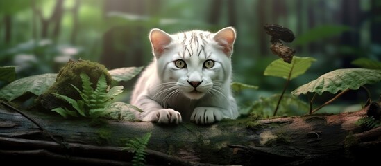 The cute white cat is eyeing the meat in the tropical forest surrounded by the breathtaking nature as it blends in with the majestic wildlife like a tiger making it a perfect target for natu