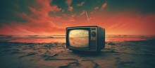 The Old Television In The House Had A Red Metal Frame Isolated Against The Backdrop Of A Stunning Sunset Sky While Arial Technology Delivered A Captivating Media Experience Creating A Harmon
