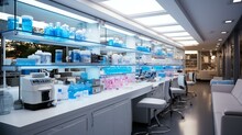 Modern Laboratory Interior With Blue And Pink Illuminated Shelves Stocked With Scientific Equipment And Supplies