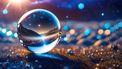 diamond ball with a world inside, futuristic world, origin of the universe,