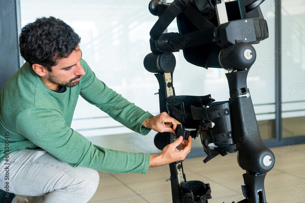 Interview Skeleton Engineering Foto de Stock Mechanical exoskeleton engineer checking the mechanisms ...