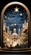 A glistening star illuminates a manger scene inside, shining its light on the humble birthplace of a newborn.