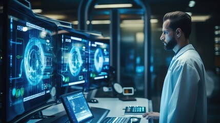 Wall Mural - Doctor diagnosis analysis on monitor preparing operation on heart disease in a futuristic hospital, Surgeon team.