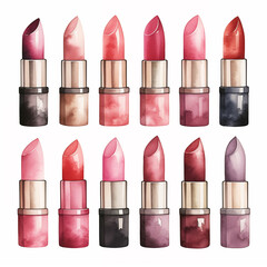 Wall Mural - set of watercolor clip art of lipstick isolated on white background for graphic design