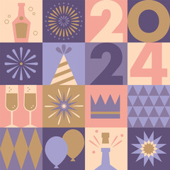 Happy New Year square pattern champagne, party hats, cocktails, fireworks, fun, colorful background for invitations, events, party, restaurant, menu, flyer, poster, social media, website.