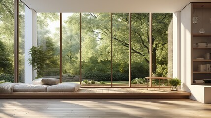 3D rendering of a living room with a large window overlooking a natural view.