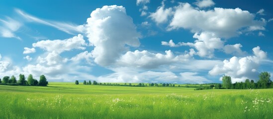 Wall Mural - In the summer the sky s vibrant blue becomes the perfect background for the lush green grass where white clouds create patterns against the light filled space showcasing the wonders of natur
