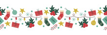 Vector Seamless Christmas Border Garland Holly Gifts Decorations On A White Background