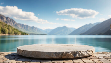 Stone podium table top outdoors blur of lake and mountain background