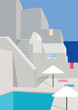 © Maria - Poster landscape of houses and pool in greece. geometric shapes. Minimalist design. Minimalism. Decoration, wallpaper, presentations. Vector illustration