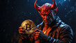 A devil with a big Bitcoin in his hands.