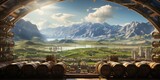 Fototapeta Do pokoju - Piękny widok na górski krajobraz z winiarni z beczkami pełnymi wina. 