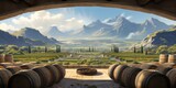 Fototapeta Do pokoju - Piękny widok na górski krajobraz z winiarni z beczkami pełnymi wina.