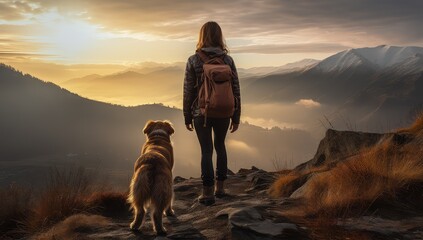 Fototapeta dziewczyna z psem na szczycie góry. 