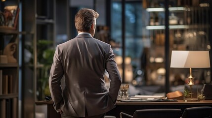 business man, back view, in the office, skyline view