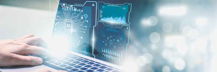Wall Mural - businessman control computer with artificial intelligence or ai marketing and business analysis mach