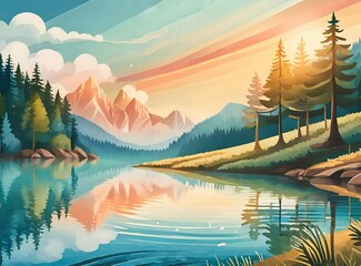 Watery Landscape. Beautiful view of forest and lake, with colorful sky. Nature Adventure Concept