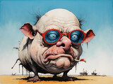 Fototapeta  - Very funny portrait, weerd caricature of pig, illustration, comic, poster and tshirt mockup