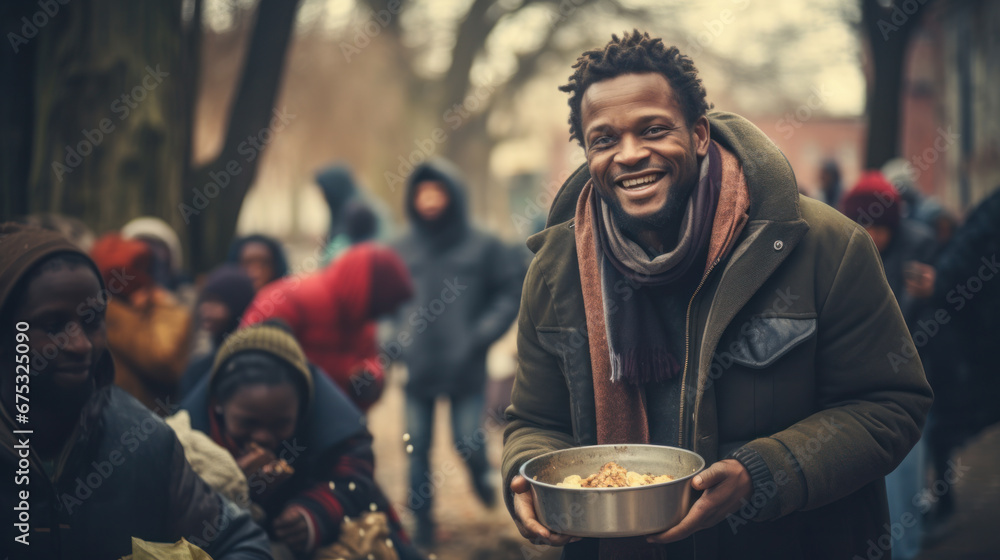 African homeless man in warm clothes eats food. Volunteers distribute ...