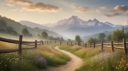 Wall Mural - A serene countryside scene with a winding trail through a field of wildflowers, framed by rustic fences and a distant, misty mountain backdrop, AI generated, background image