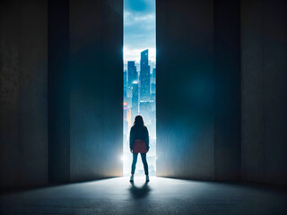 A person stands at the entrance of a large, dark gap in a wall that opens to a bright cityscape