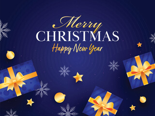 Sticker - Merry Christmas & Happy New Year Poster Design with Top View of Realistic Gift Boxes, Baubles and Golden Stars Decorated on Blue Snowflakes Background.