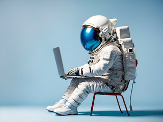 an astronaut in a full space suit is seated, engaging with a laptop on a simple chair