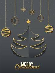 Poster - Paper Cut Xmas Tree with Golden Star, Hanging Baubles and Snowflakes on Grey Background for Merry Christmas Celebration.