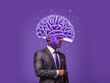 a creative image depicting a man in a suit with his head replaced by a sketched brain diagram