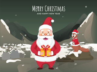 Sticker - Illustration of Cheerful Santa Claus Holding Gift Box and Cartoon Squirrel on Snowy Green Mountain Background for Merry Christmas & Happy New Year Celebration.