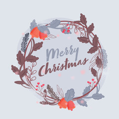 Sticker - Merry Christmas Font In Floral Wreath Frame on Grey Background. Can be used as poster or card design.