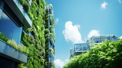 Eco-friendly building in the modern city. Sustainable glass office building with tree for reducing carbon dioxide. Office building with green environment. Corporate building reduce CO2.