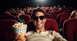 Joven contento en una sala de cine sentado con palomitas en la mano y gafas 3d puestas