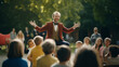 © พงศ์พล วันดี - a man in a red jacket and gold vest, entertaining a group of children in a park. It’s a joyful scene, but it doesn’t specifically represent Christmas.