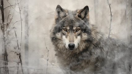 Naklejka na meble The graceful appearance of a gray wolf looking into the eyes of a photographer