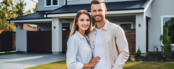 Happy young couple standing in fornt of new house. Reality home concept.