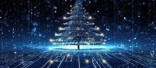 The Abstract Digital Art With A Retro Touch Showcases A Beautiful Winter Themed Background Featuring A Blue Christmas Tree Made Of Computer Circuitry Bringing Together The Beauty Of Technolo
