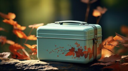 Canvas Print - A blue lunchbox sitting on top of a rock, AI