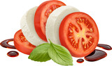 Mozzarella and tomato slices with basil and balsamic dressing isolated