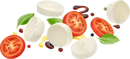 Wall Mural - mozzarella and tomato slices with basil and balsamic dressing isolated on white background