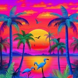 Fototapeta Dinusie -  a design featuring vibrant palm trees, colorful sunsets, and exotic birds to evoke the feeling of a tropical getaway