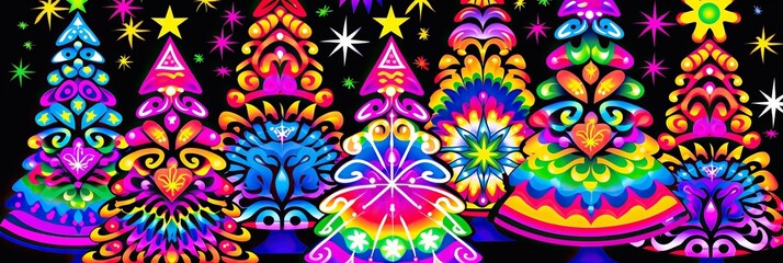 Sticker - pink Christmas trees neon lighting on black background