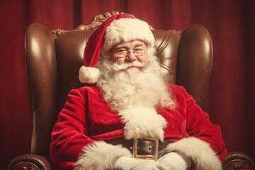  Retro portrait of Santa Claus sitting in a leather chair on a red background.